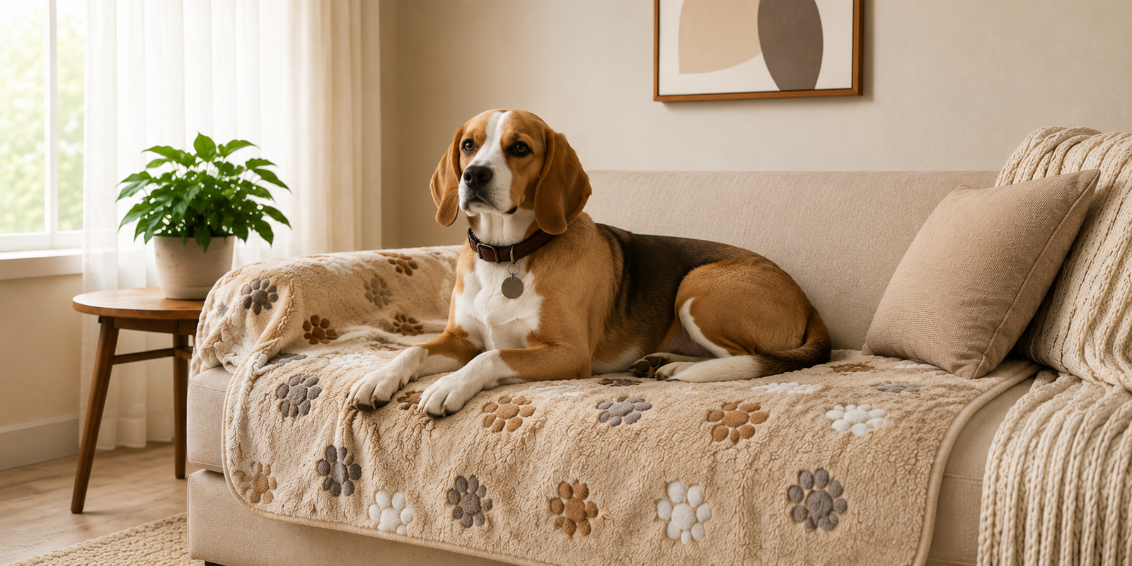 a brown and white beagle resting comfortably on a covered couch beside a plant