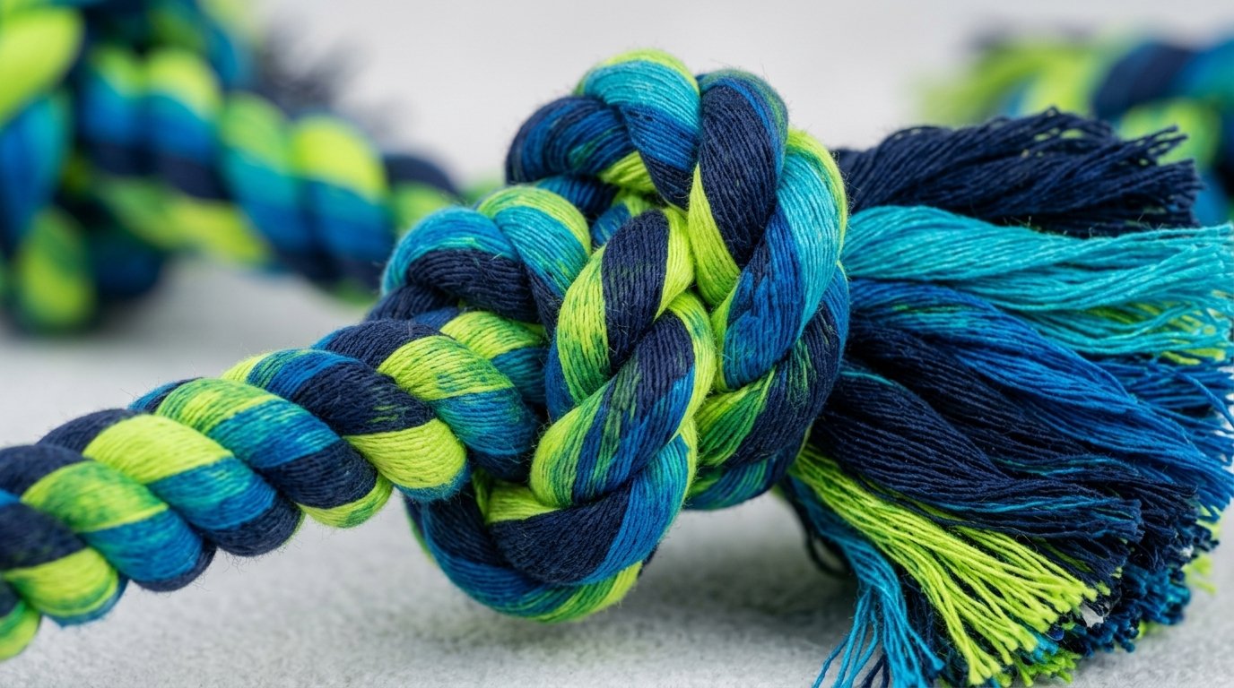 A tightly knotted, frayed, multicolored rope with blue, green, and black. Cotton Rope Tug Toy with Knotted Ends for Dogs and Puppies - Image 3