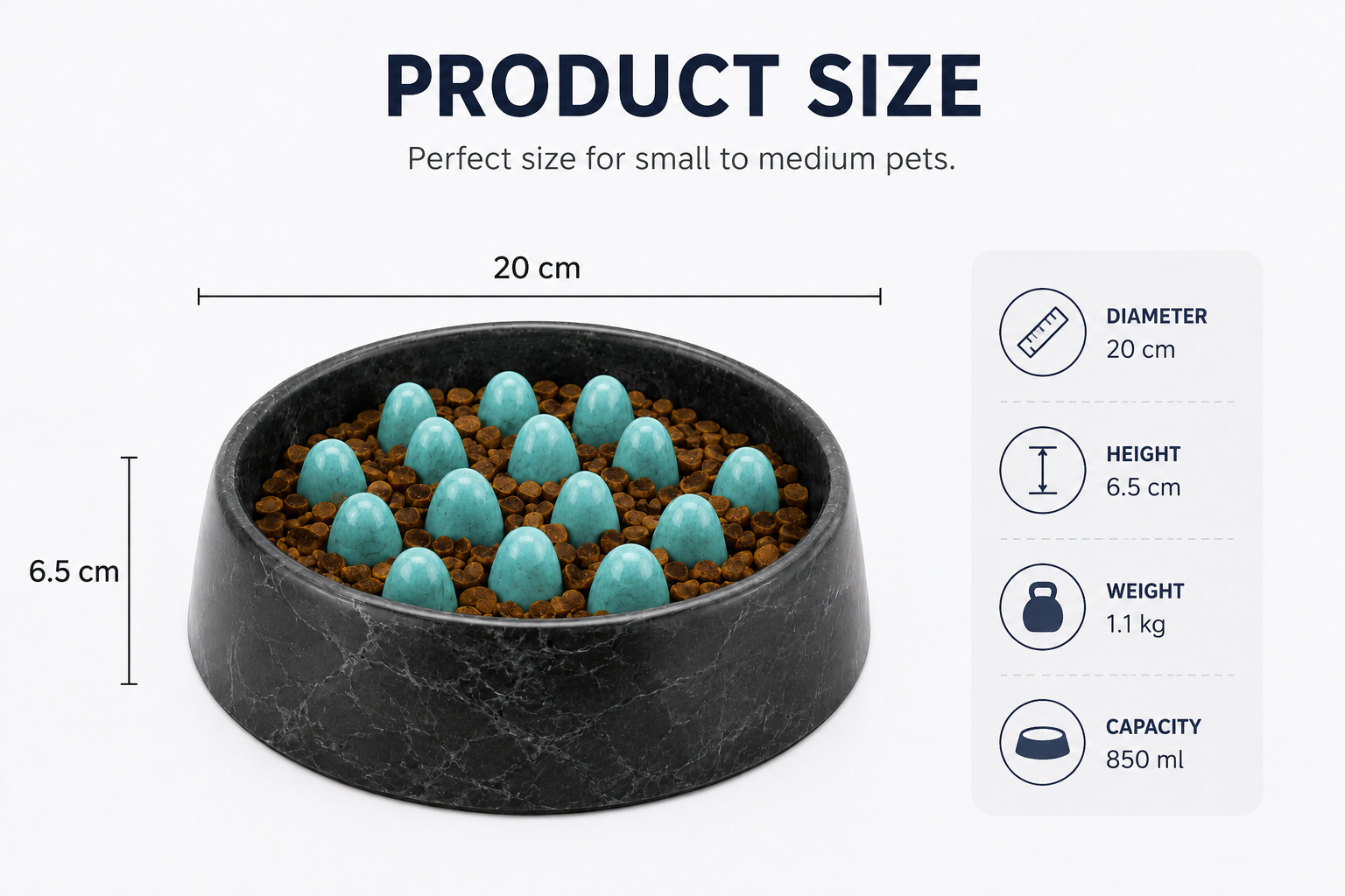 Black marble pet bowl with turquoise balls, size guide, and specifications Slow Feeder Dog Bowl – Anti-Gulping Interactive Pet Feeding Bowl - Image 4