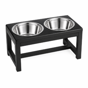 Elevated Double Pet Feeding Station with Stainless Steel Bowls and Black Wooden Stand