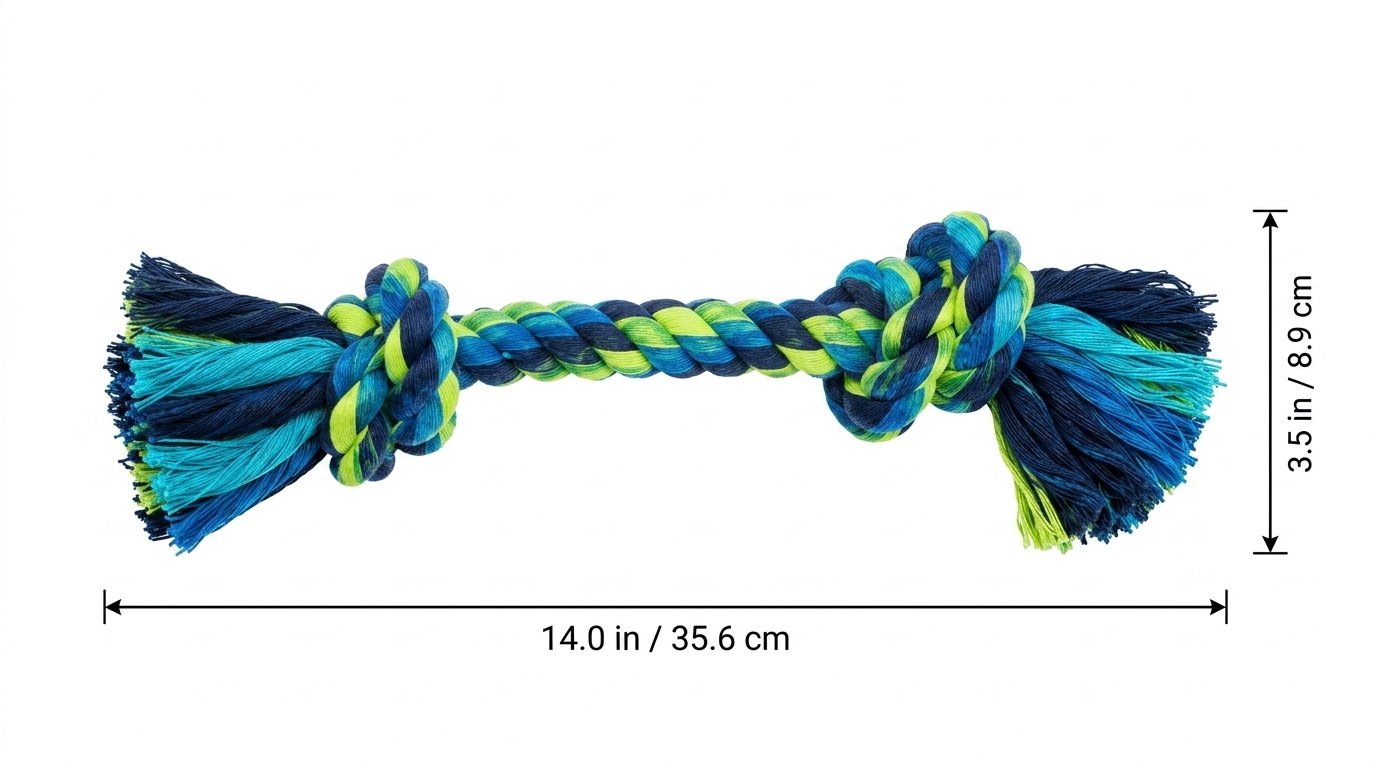 Colorful braided rope dog toy with tassels and measurements in inches. Cotton Rope Tug Toy with Knotted Ends for Dogs and Puppies - Image 5