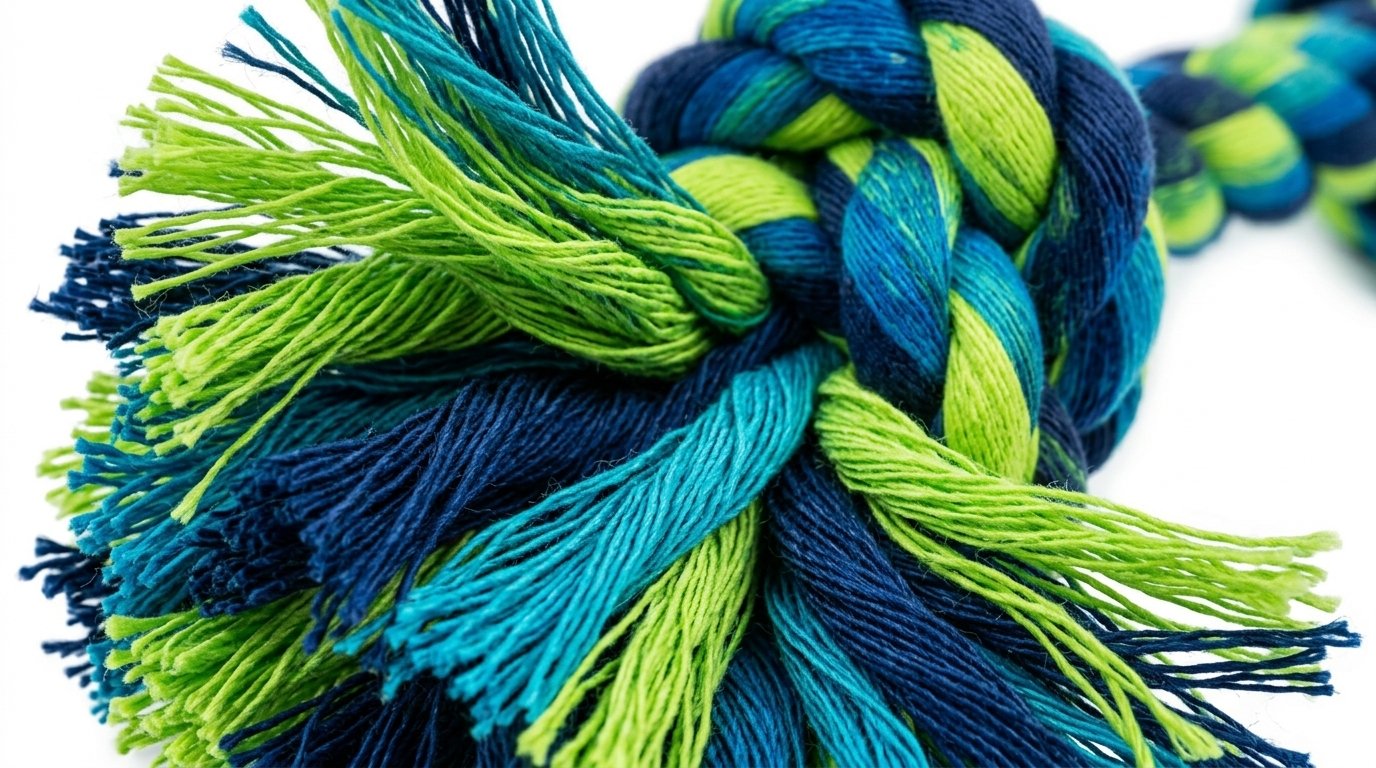 Colorful braided yarn rope with vibrant blue and green hues tightly knotted. Cotton Rope Tug Toy with Knotted Ends for Dogs and Puppies - Image 2