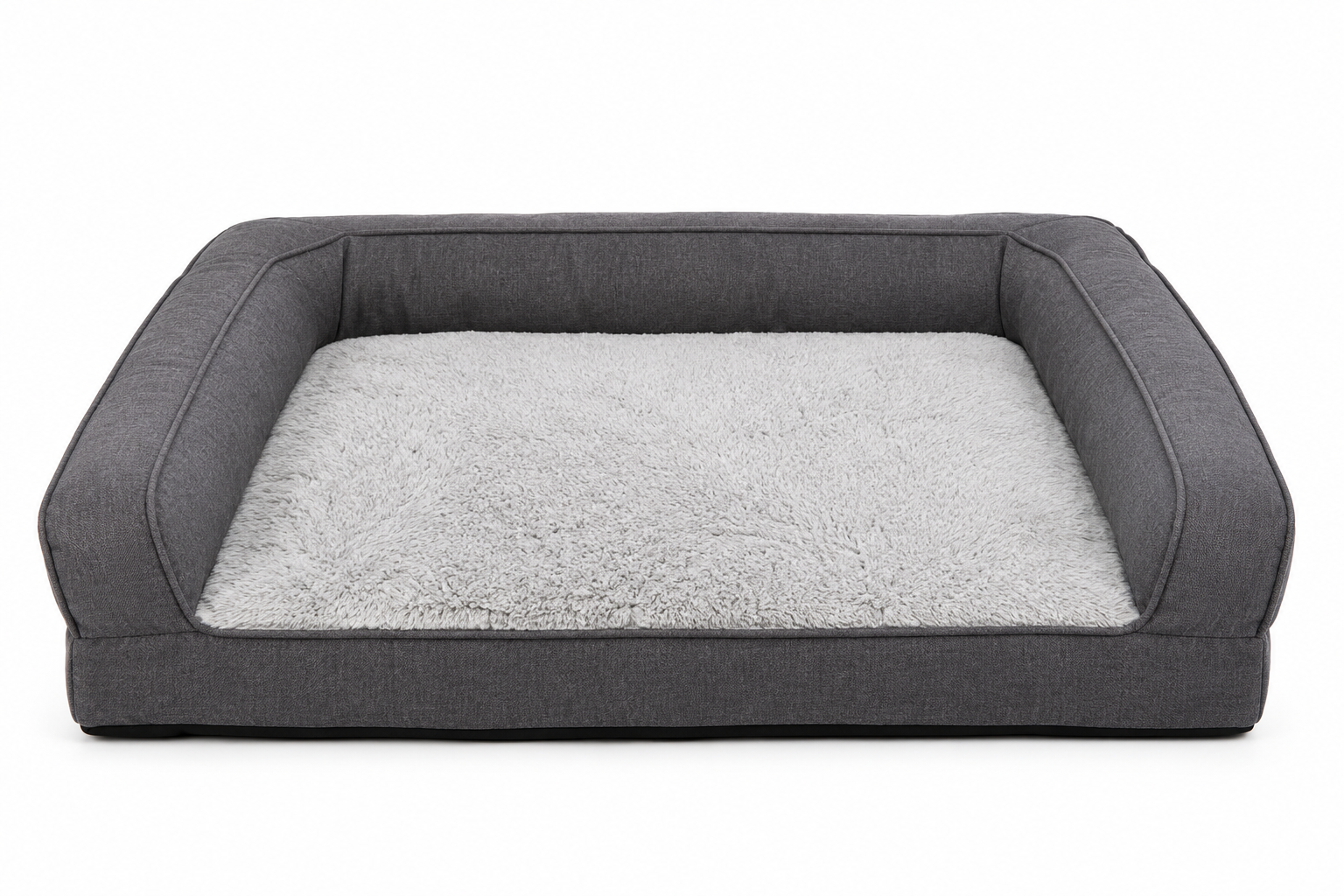 Elevated gray dog bed with plush interior lining and bolstered sides Rectangular Pet Bed with Raised Sides and Plush Interior for Dogs and Cats