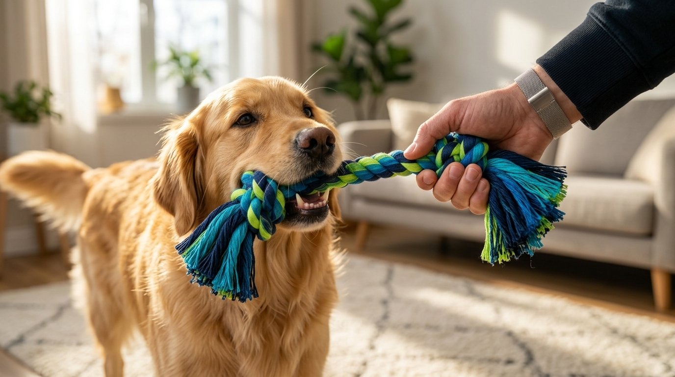 Golden Retriever playing with a colorful braided rope toy indoors. Cotton Rope Tug Toy with Knotted Ends for Dogs and Puppies - Image 4