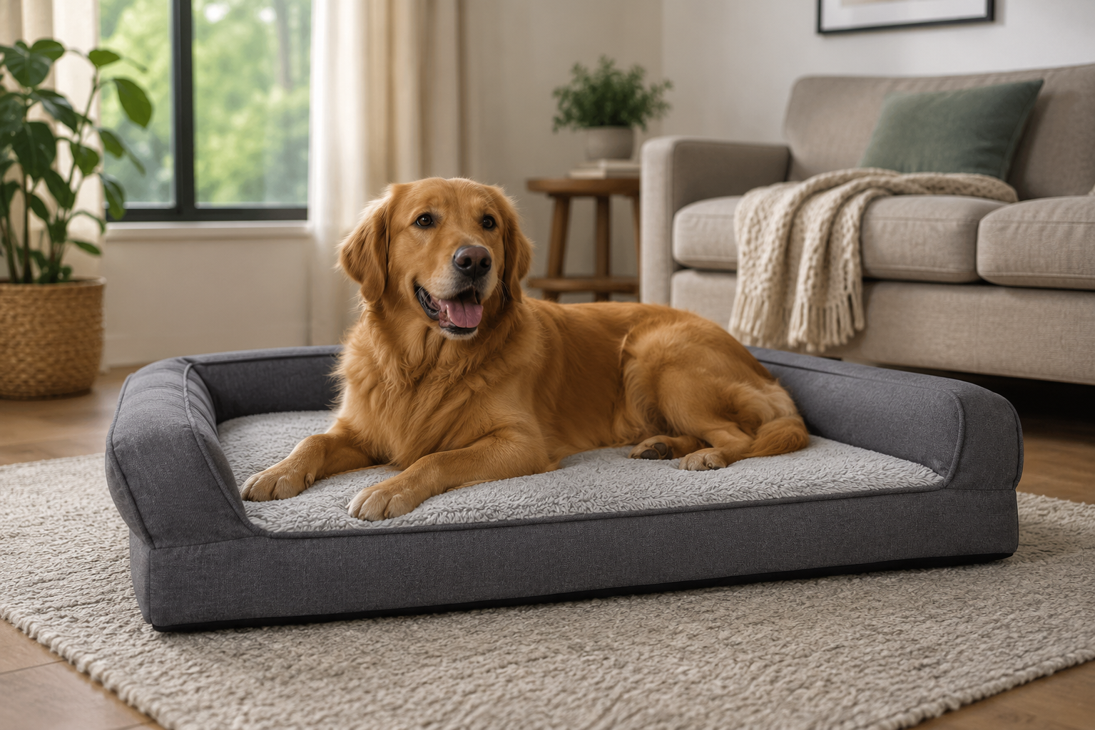 Golden Retriever resting on a gray bolster dog bed in a cozy living room Rectangular Pet Bed with Raised Sides and Plush Interior for Dogs and Cats - Image 3