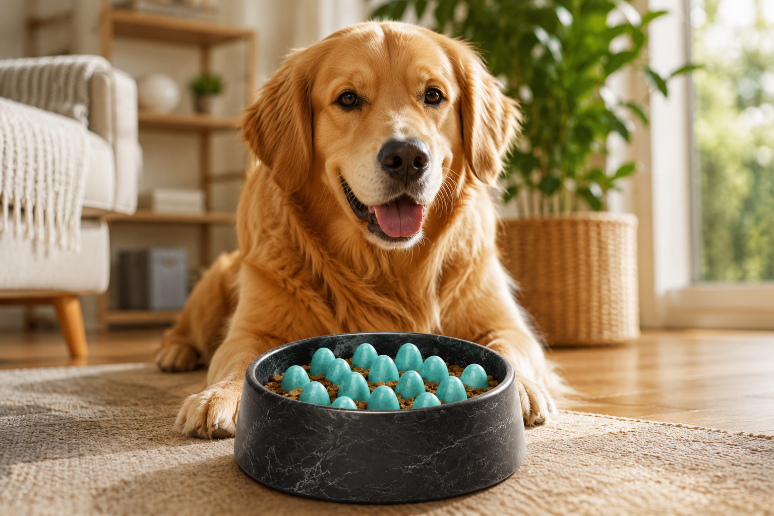 Golden Retriever sitting indoors beside a bowl filled with blue dog toys Slow Feeder Dog Bowl – Anti-Gulping Interactive Pet Feeding Bowl - Image 3