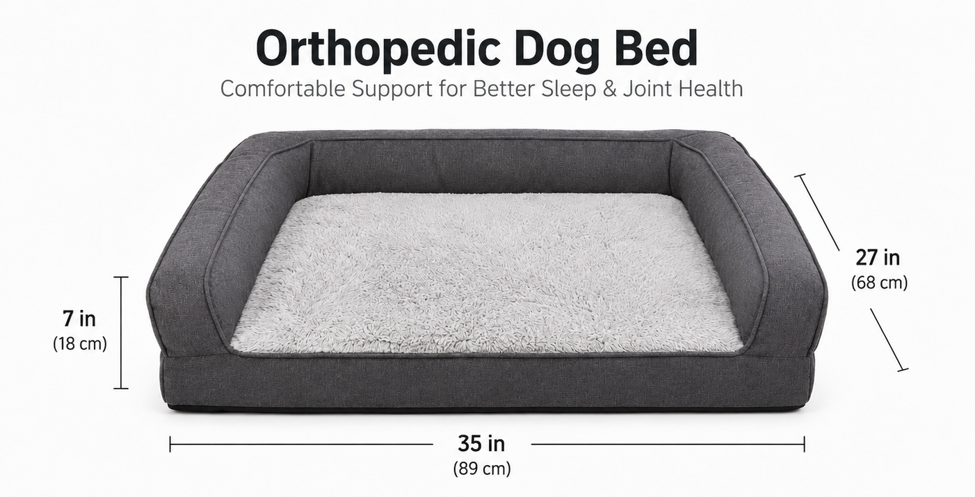 Orthopedic dog bed with dimensions labeled, featuring a gray cushion and black Rectangular Pet Bed with Raised Sides and Plush Interior for Dogs and Cats - Image 4