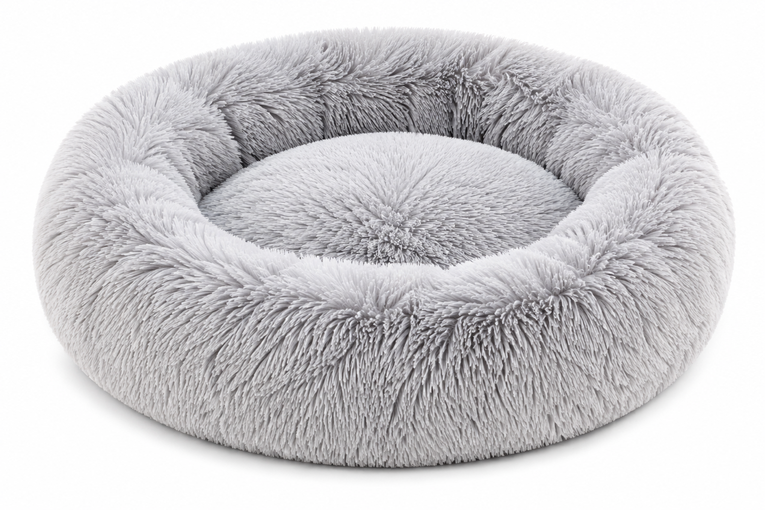 Round Fluffy Light Gray Pet Bed With A Soft Plush Texture And High Sides